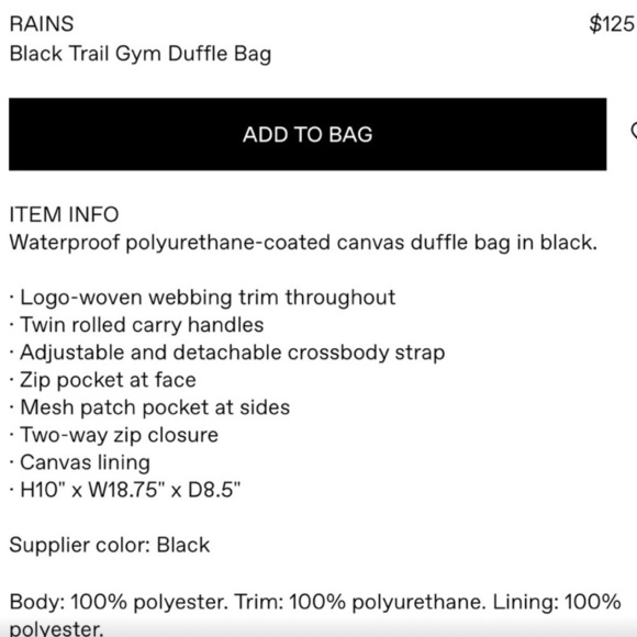 NWT Rains Trail Gym Duffle/ Weekender Bag Black - Picture 5 of 7